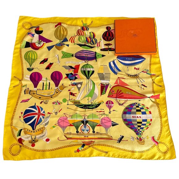 Hermes Accessories - HERMES Vintage Les Folies du Ciel Yellow 90 cm Silk Square Scarf Box Good RARE